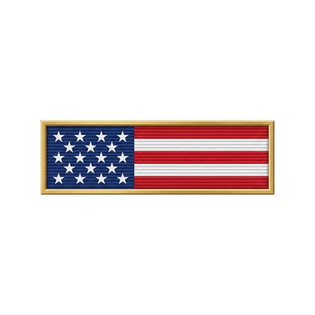 Embroidered US flag patch featuring stars on a blue field and stripes of red and white, framed with a gold border