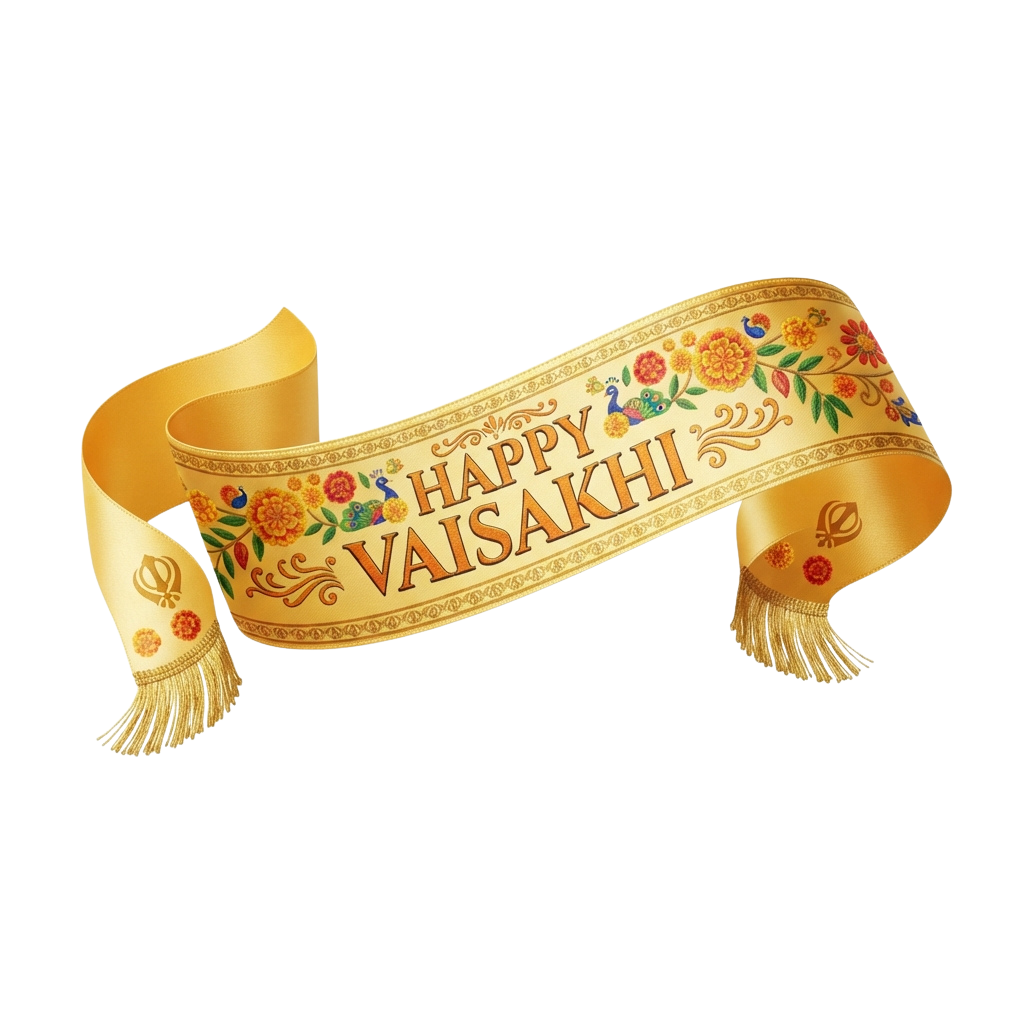Golden decorative sash with Happy Vaisakhi text and floral patterns on both ends.