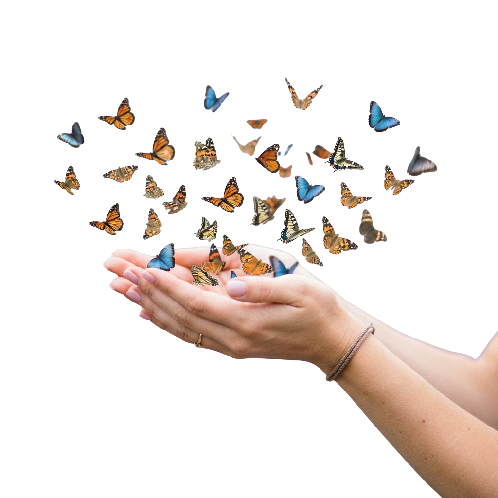 A hand releasing a group of diverse butterflies into the air