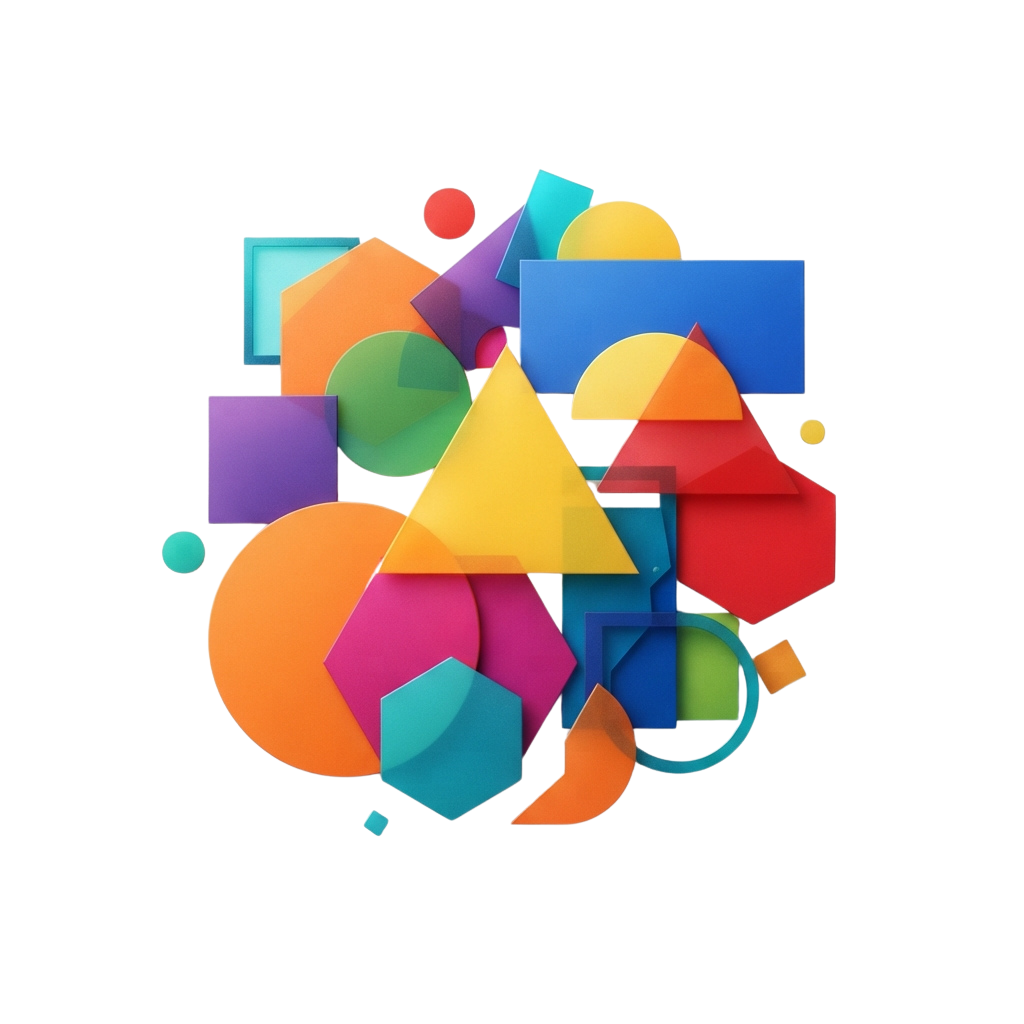 Abstract illustration of vibrant geometric shapes including circles, squares, and triangles in various colors