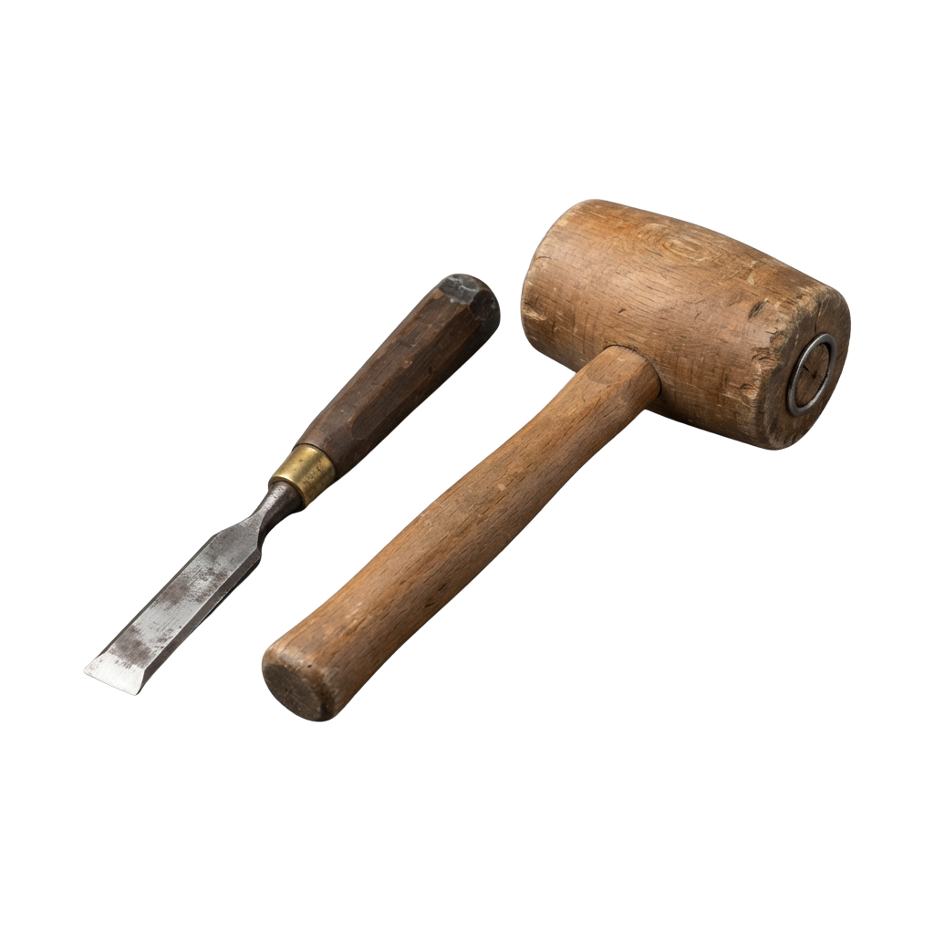 A chisel with wooden handle and a wooden mallet used for woodworking.