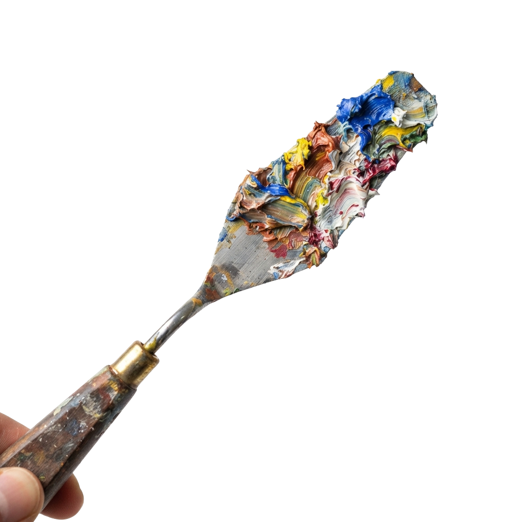 A paintbrush covered in thick, multicolored paint blobs against a black background