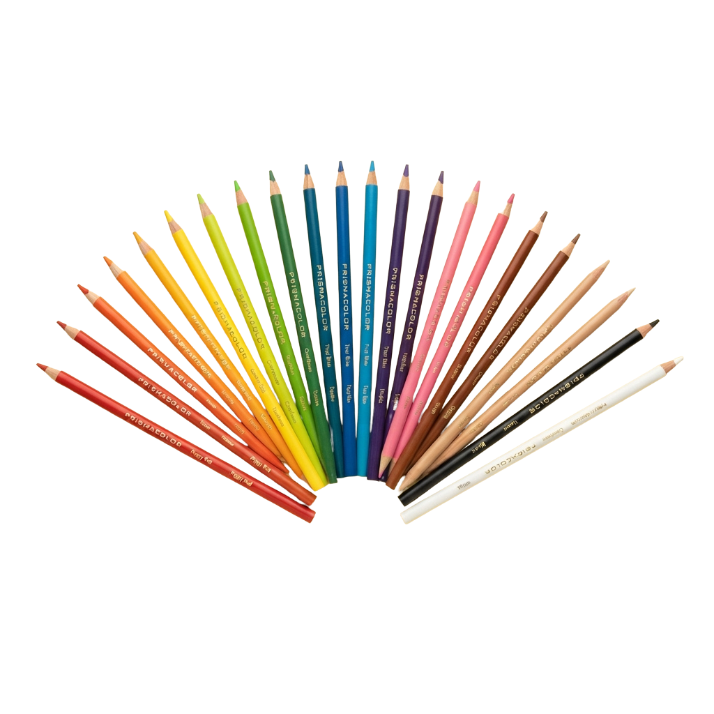 Fan-shaped arrangement of 24 colored pencils in various shades from red to white