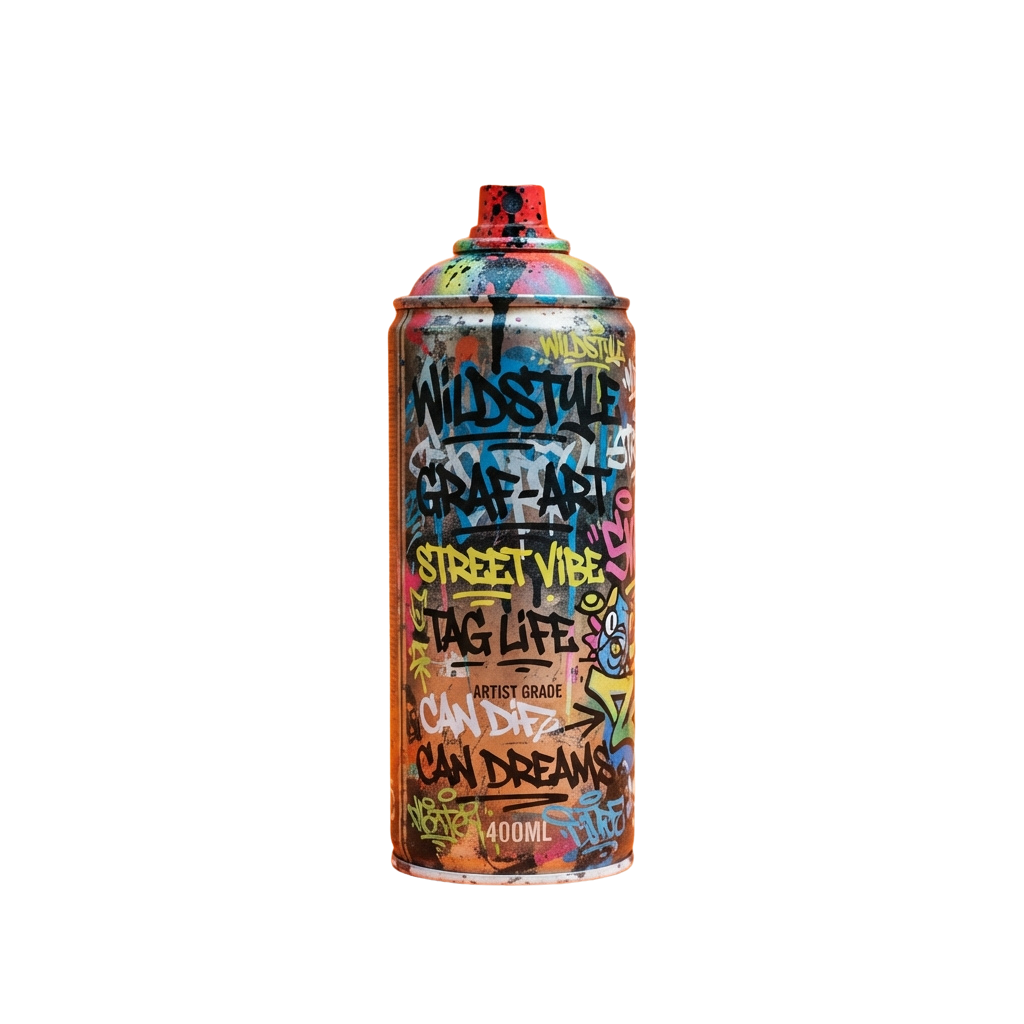 Colorful graffiti spray paint can with vibrant street art designs and bold text