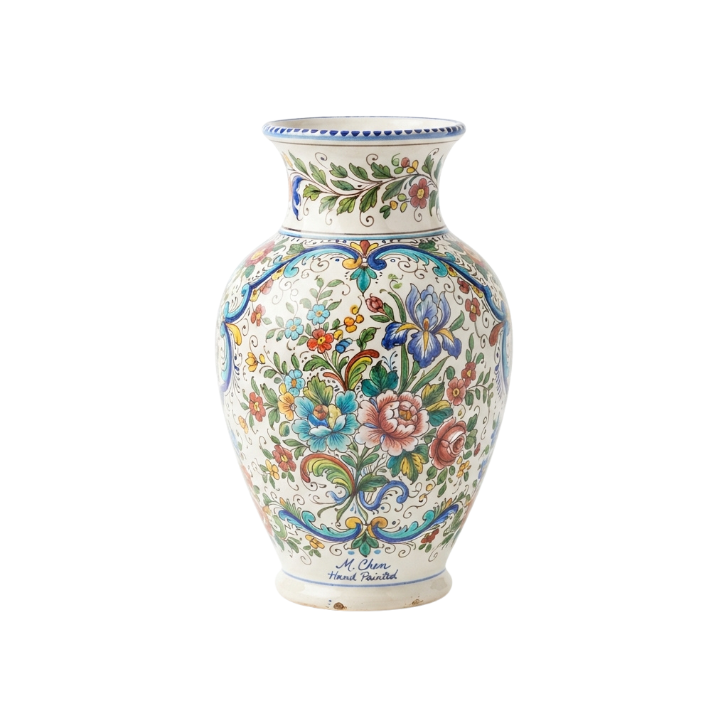 Decorative ceramic vase featuring hand-painted floral designs in vibrant colors with a blue rim and signature marking