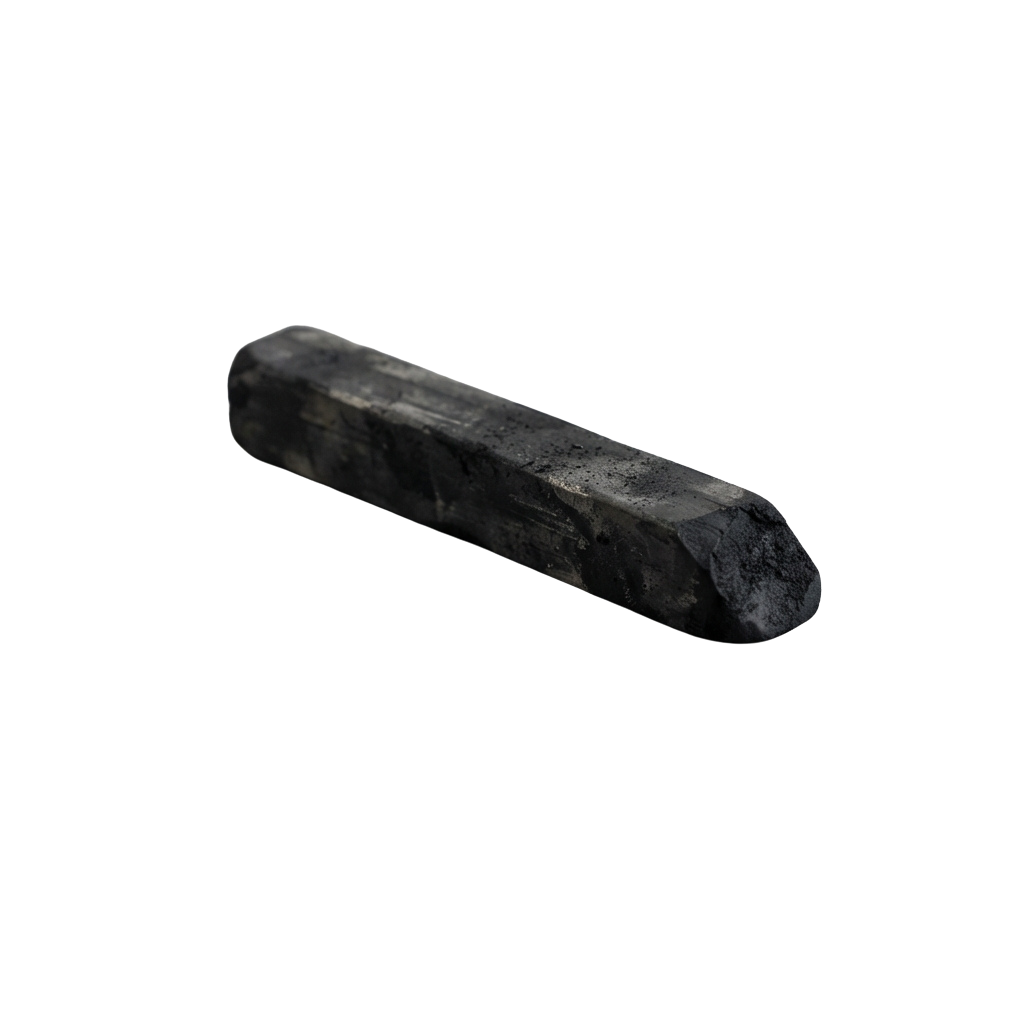 A close-up image of a small, elongated gray stone or mineral specimen with rough texture.