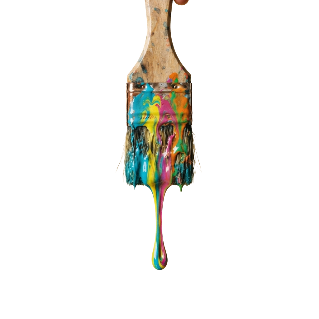 Paintbrush with vibrant paint dripping down against a black background