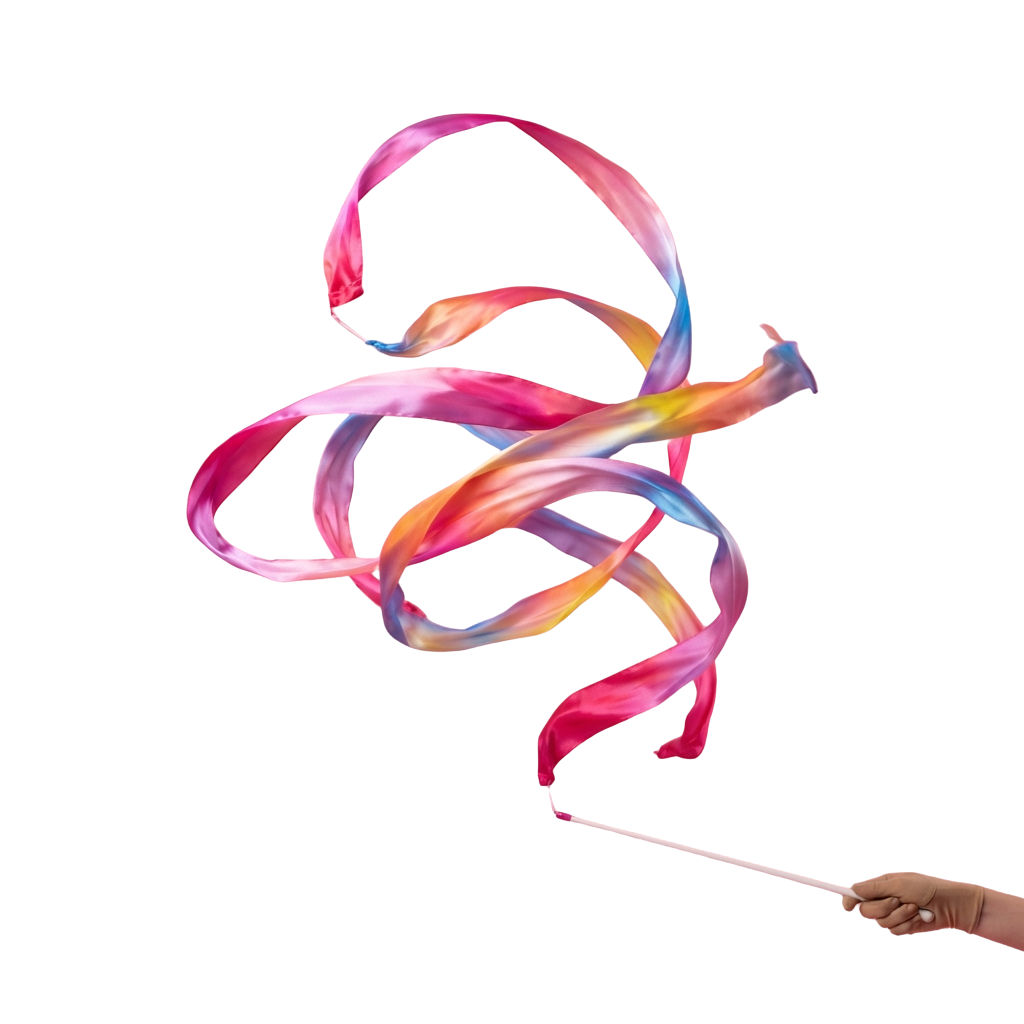 Hand holding a wand with swirling multicolored ribbons in mid-air