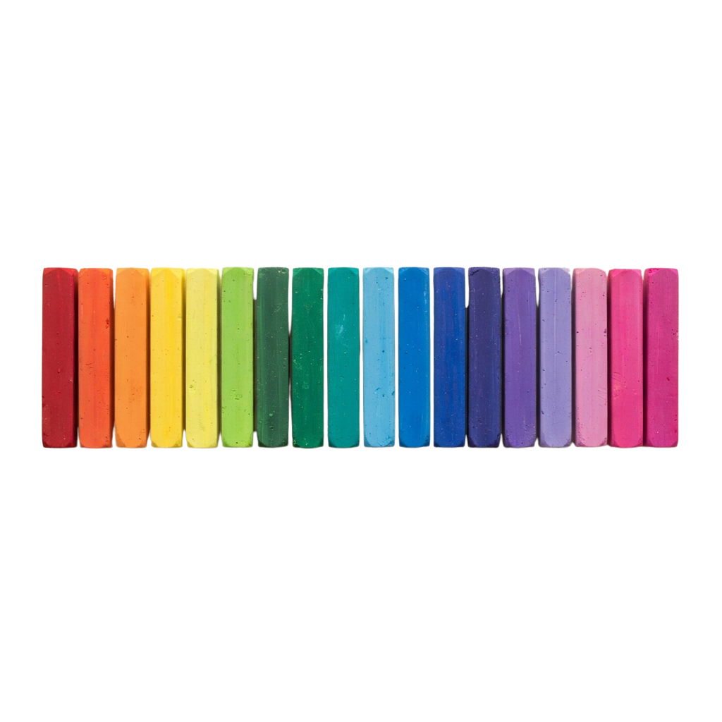A set of 18 pastel chalks arranged in a horizontal rainbow color spectrum from red to pink