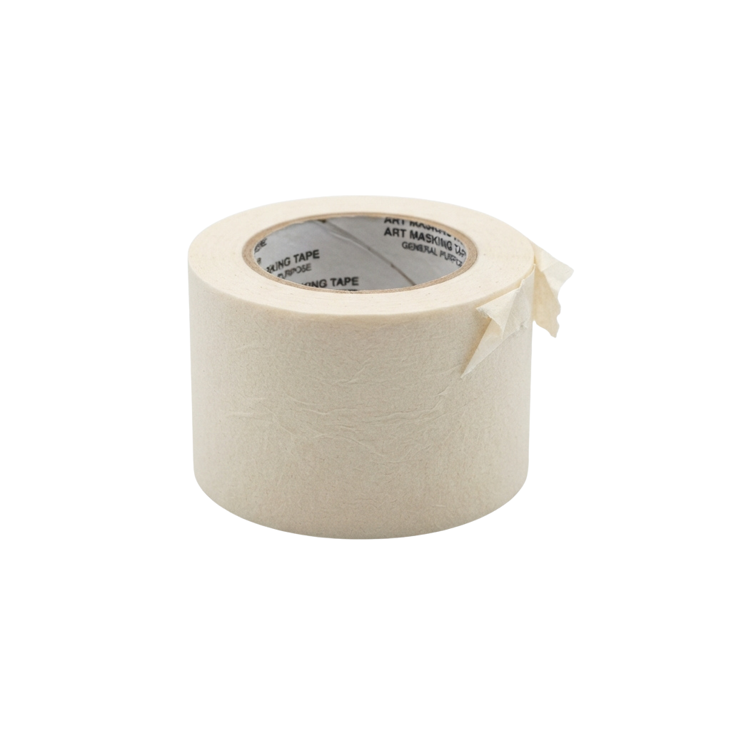 A roll of white art masking tape with a paper core, partially unspooled.