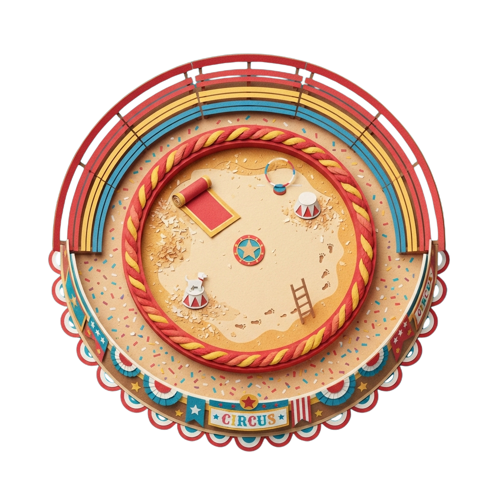 Colorful circus cake featuring tiny clowns, a ladder, ring, and a sand arena with a banner saying Circus