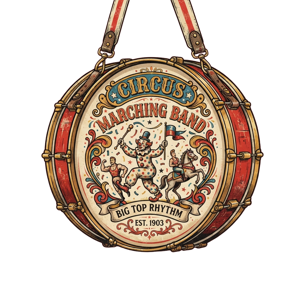Decorative snare drum with circus marching band illustrations and text reading Circus Marching Band, Big Top Rhythm, Est. 1903