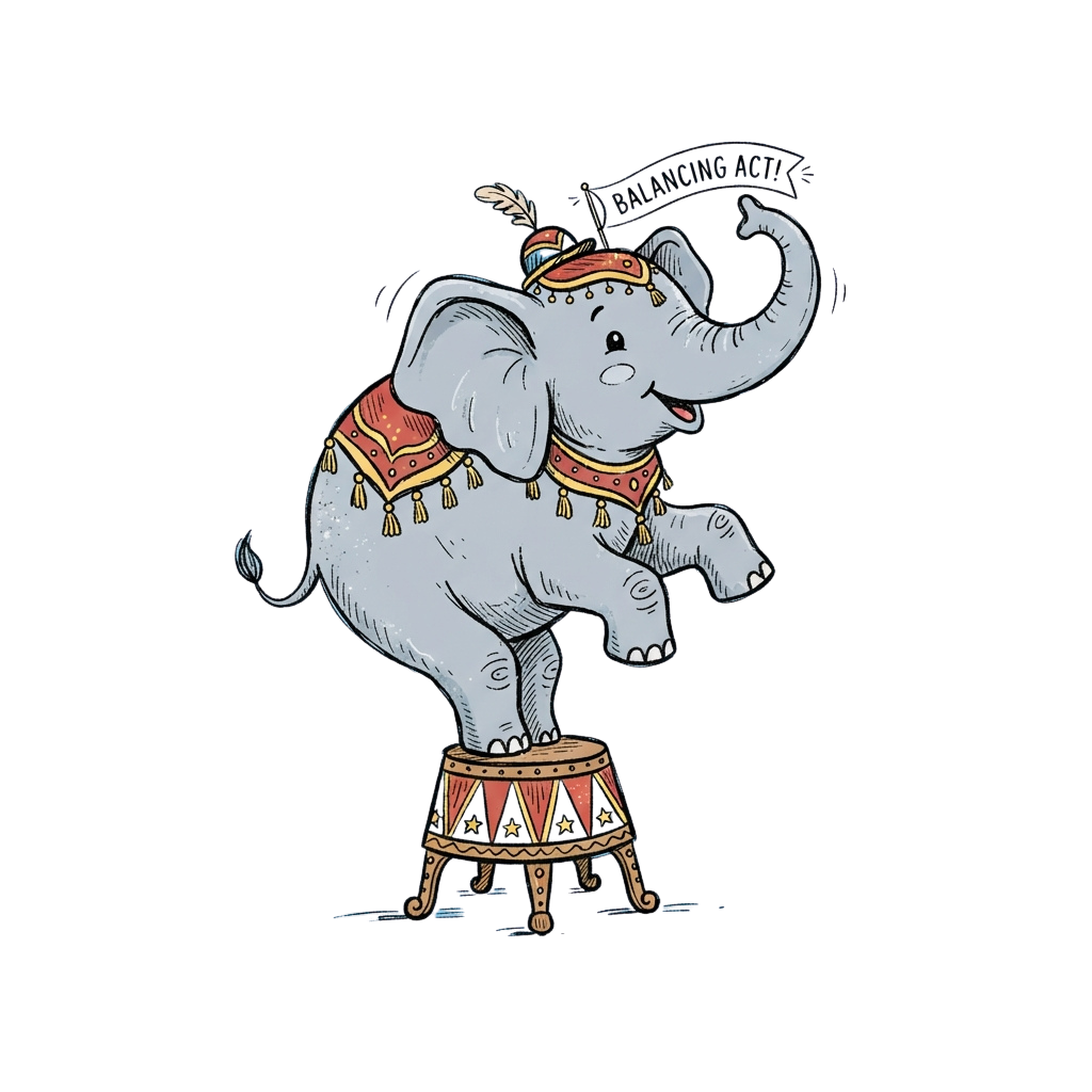 A cartoon elephant balancing on a stool while performing with a hat in its trunk