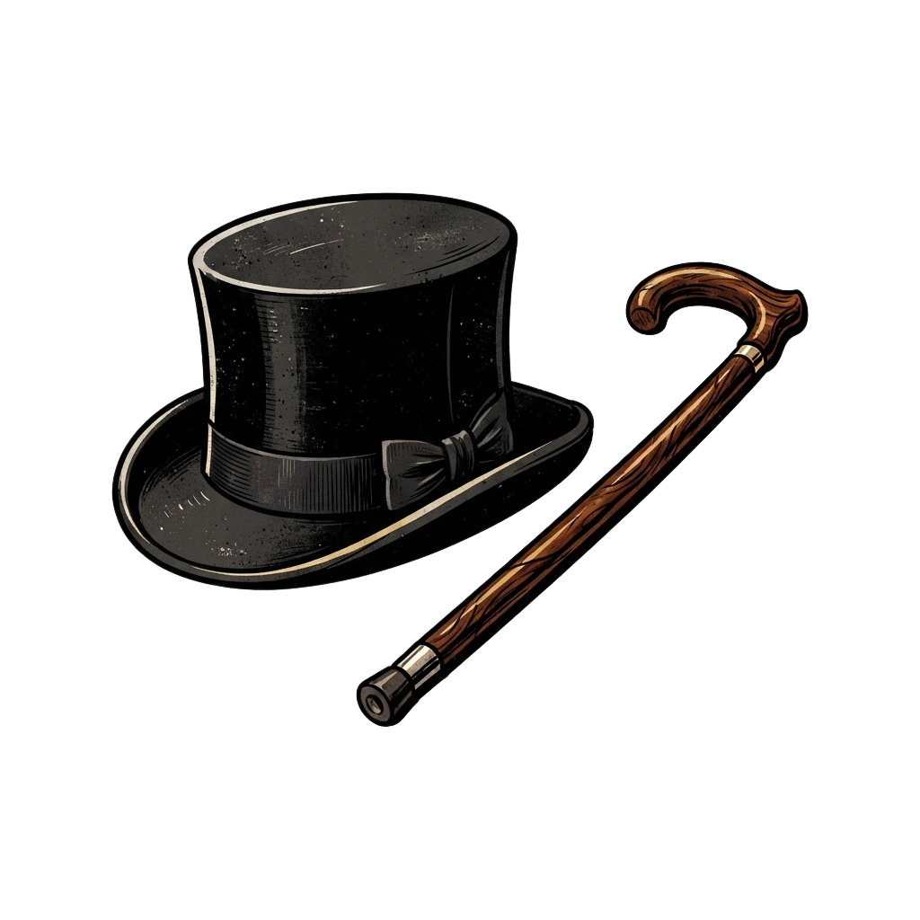 A black top hat with a bow and a curved wooden walking cane with a metal tip.