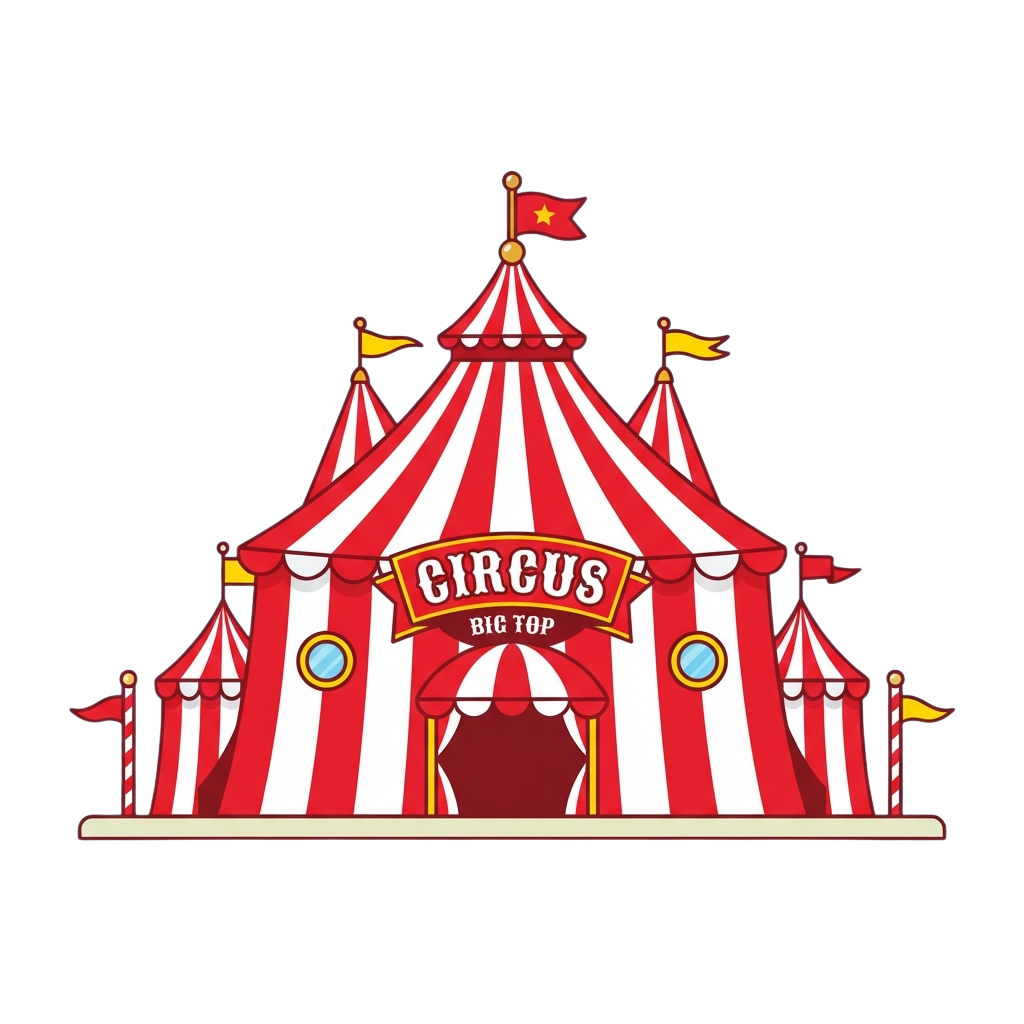 Illustration of a colorful circus big top tent with red and white stripes and a sign reading Circus Big Top