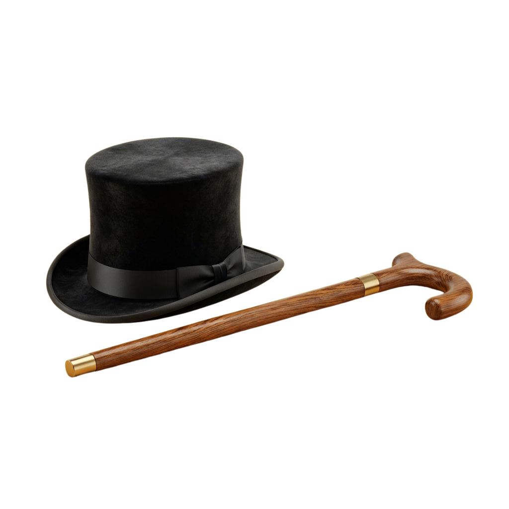 Black top hat with a ribbon and a curved wooden cane with brass accents on a black background