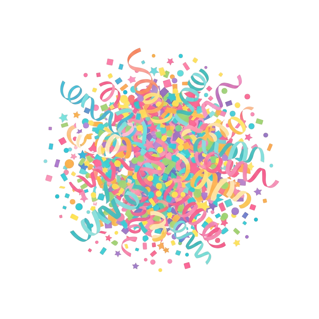 Bright confetti with ribbons and stars in various colors on black background