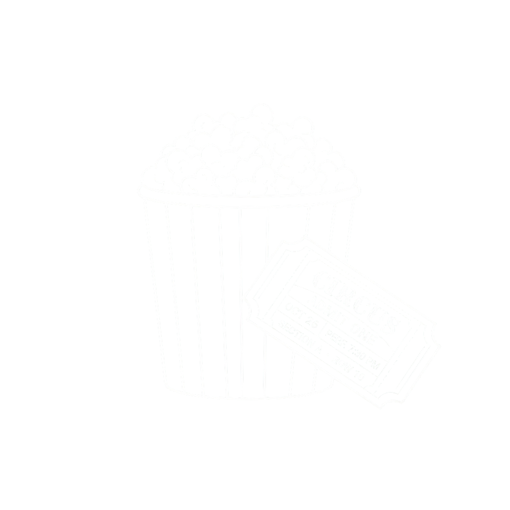 A popcorn bucket filled with popcorn next to a movie ticket for a circus film