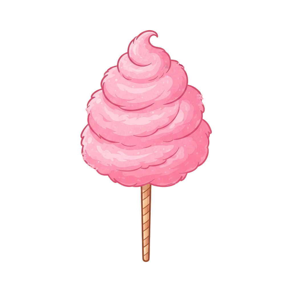 A fluffy pink cotton candy cloud dessert on a striped stick