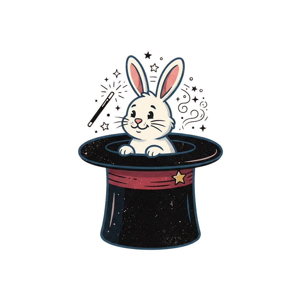 A white rabbit peeking out of a magician's hat with sparkles and a wand, performing an illusion.