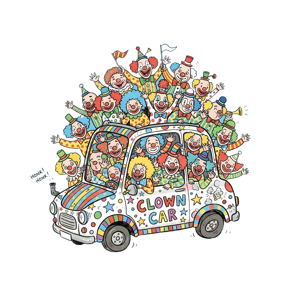 A whimsical clown car filled with cheerful clowns waving and smiling, labeled clown car