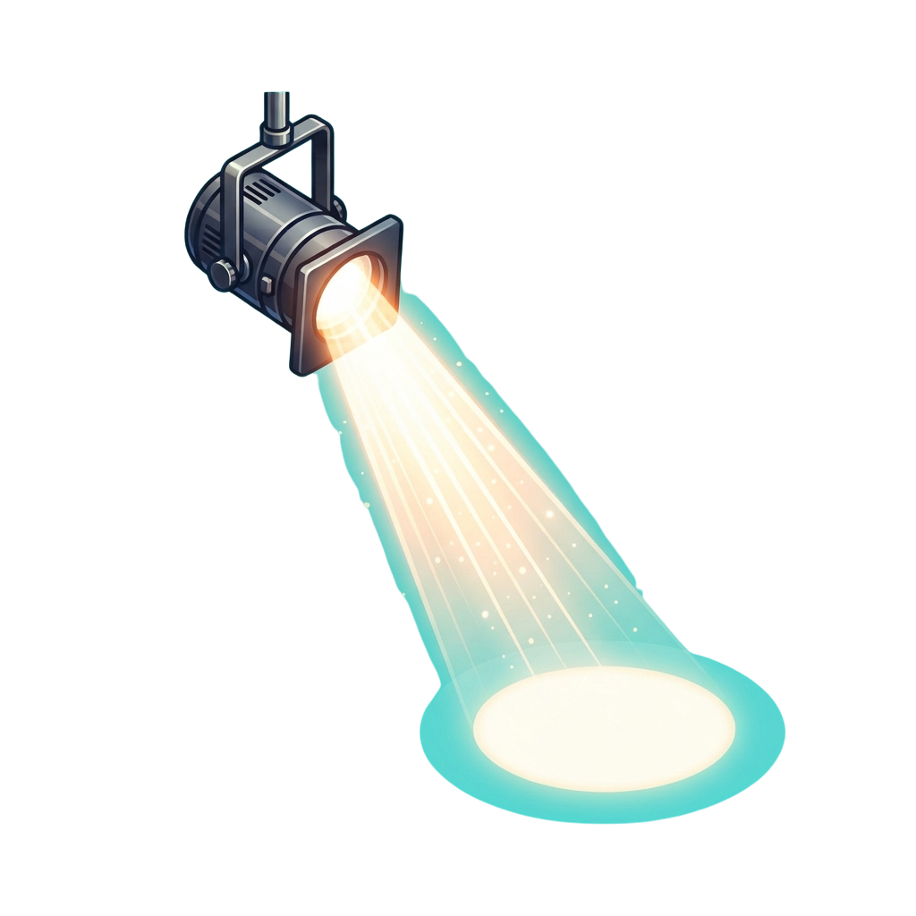 Illustration of a spotlight projecting a bright, glowing light beam onto a surface
