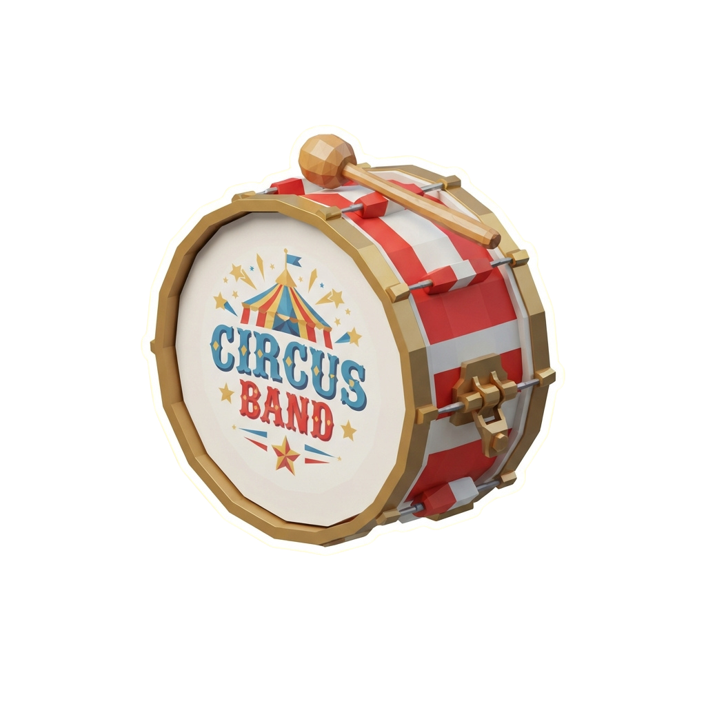 A decorative snare drum labeled Circus Band with a tent and star design in red, white, and blue