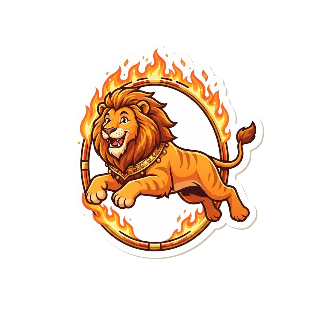 A stylized lion mid-leap inside a fiery ring with flames surrounding it