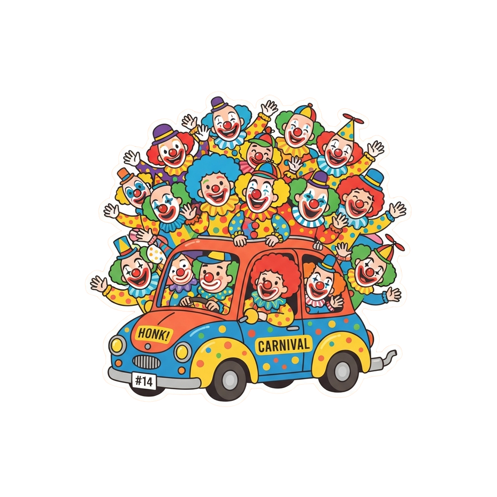 A cheerful vintage car filled with cartoon clowns waving and smiling, labeled Carnival and Honk.