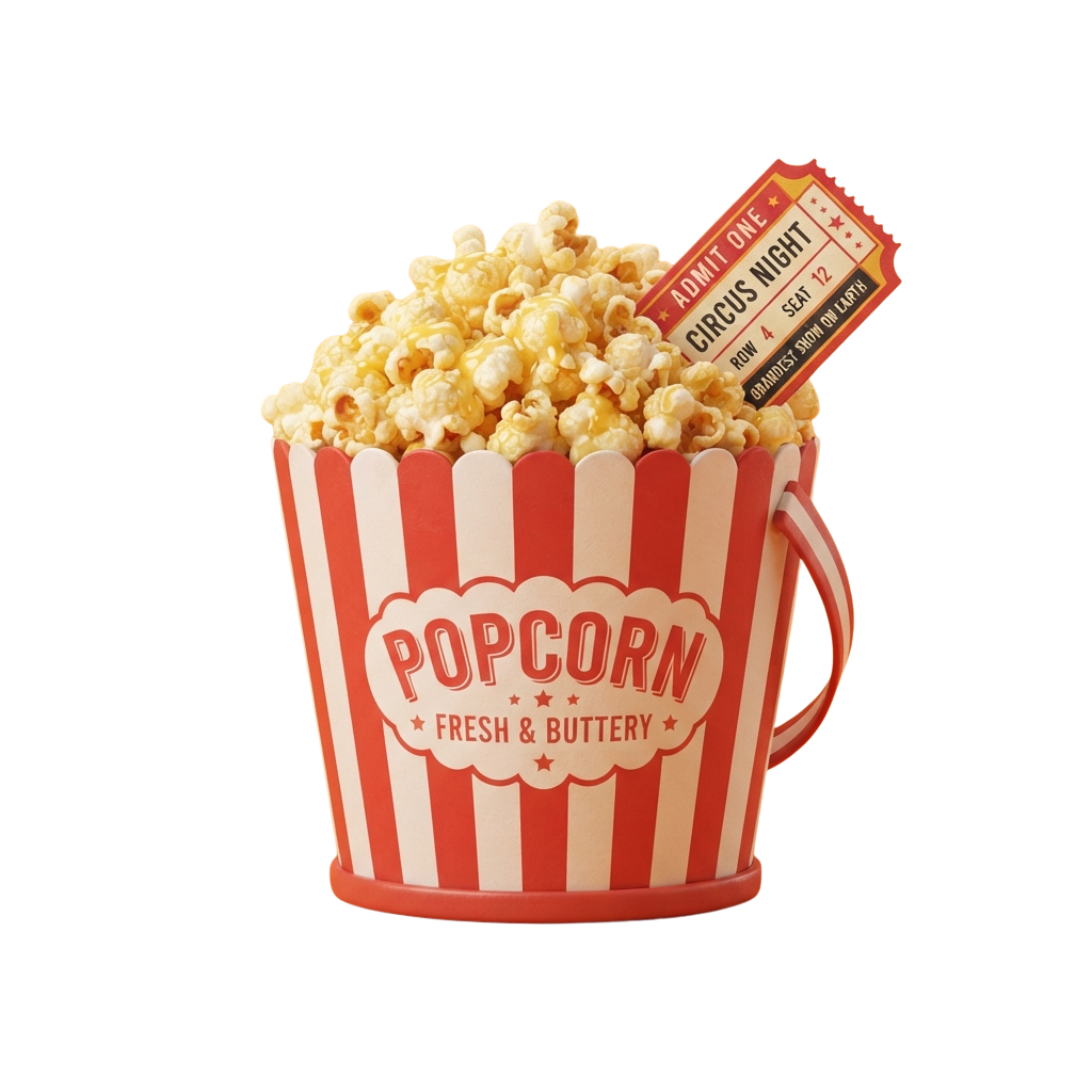 Red and white popcorn bucket filled with fresh butter popcorn and a movie ticket on top