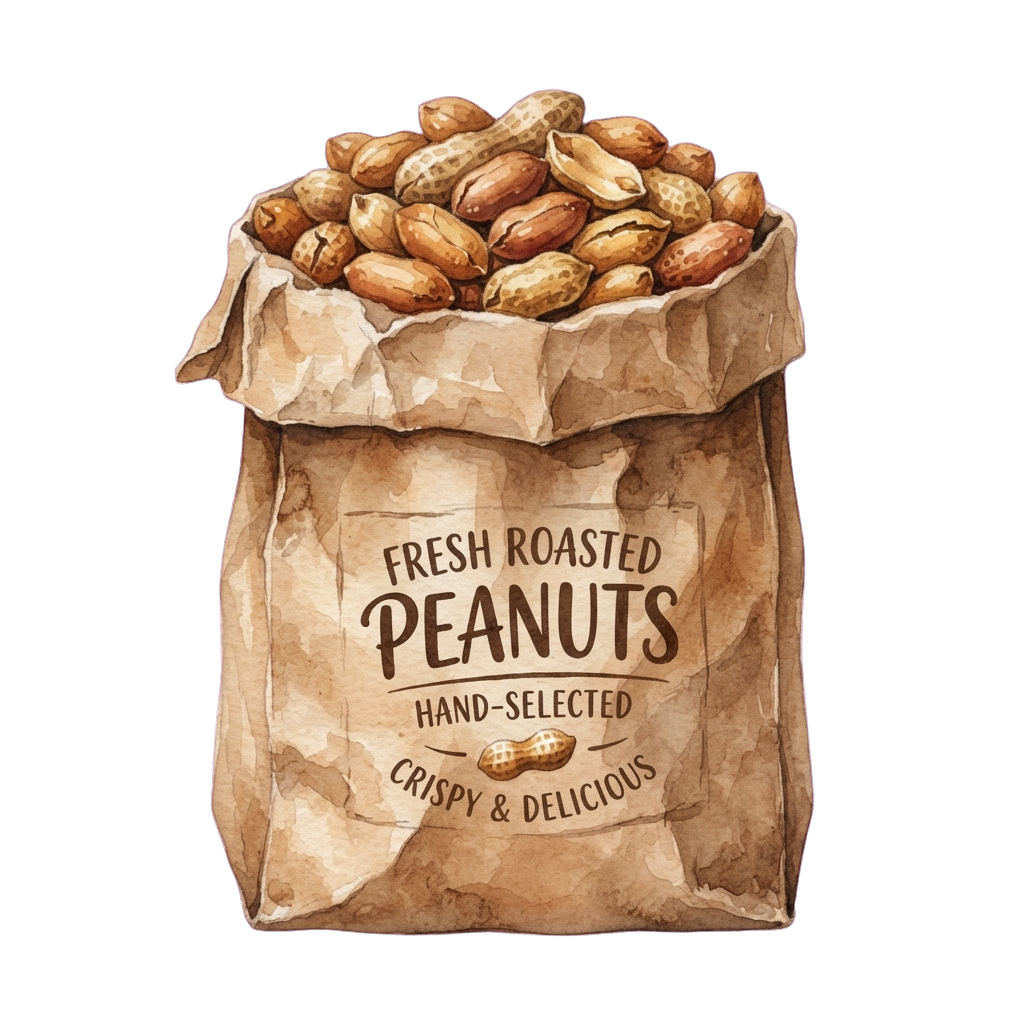 A brown paper bag filled with roasted peanuts labeled fresh roasted hand-selected crispy and delicious