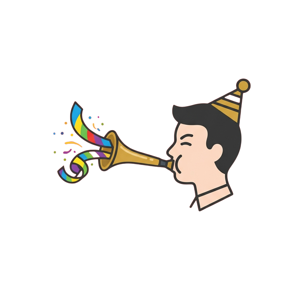A person wearing a party hat blowing a party horn with colorful confetti bursting out