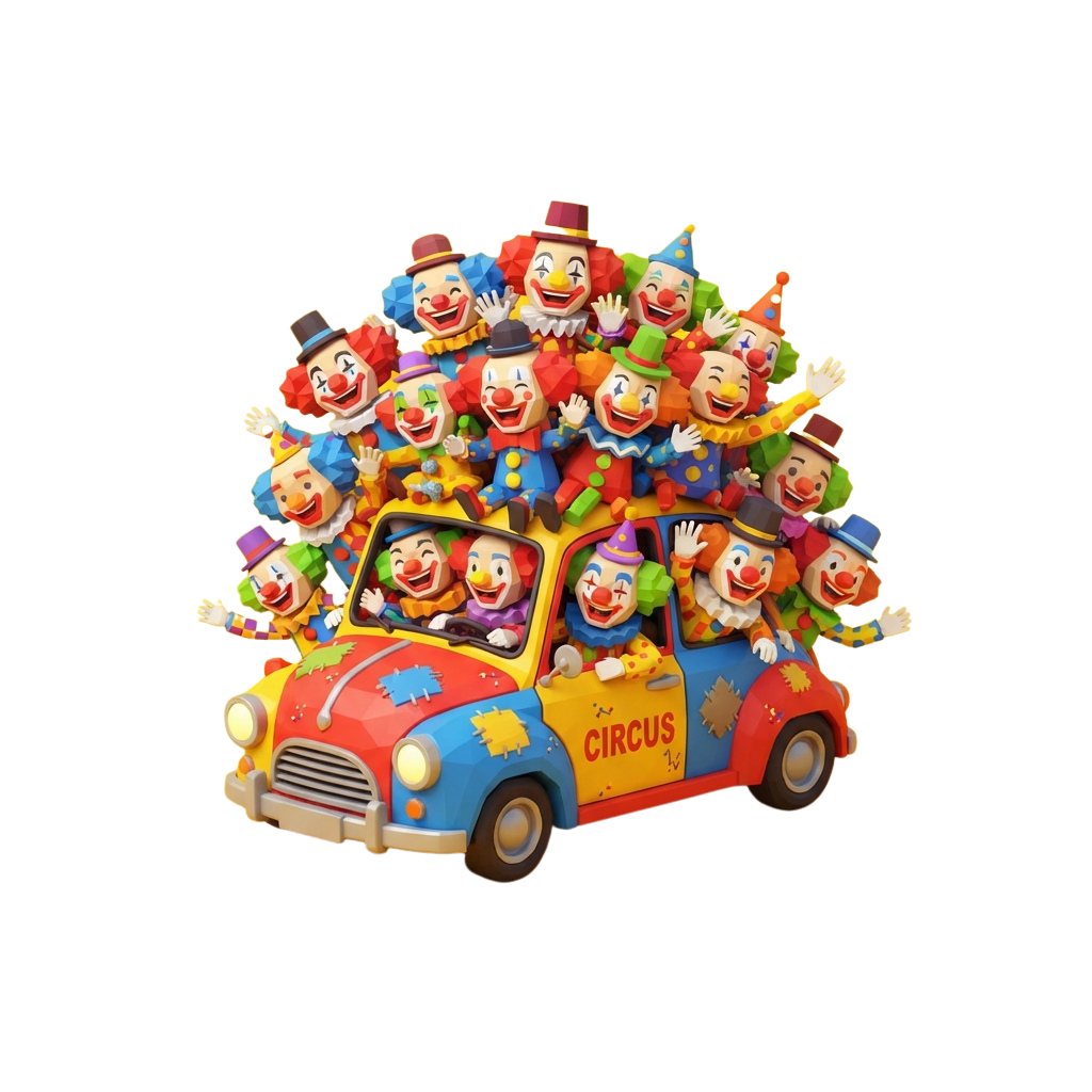 A cheerful group of cartoon clowns piled on and inside a vibrant circus-themed car waving happily.