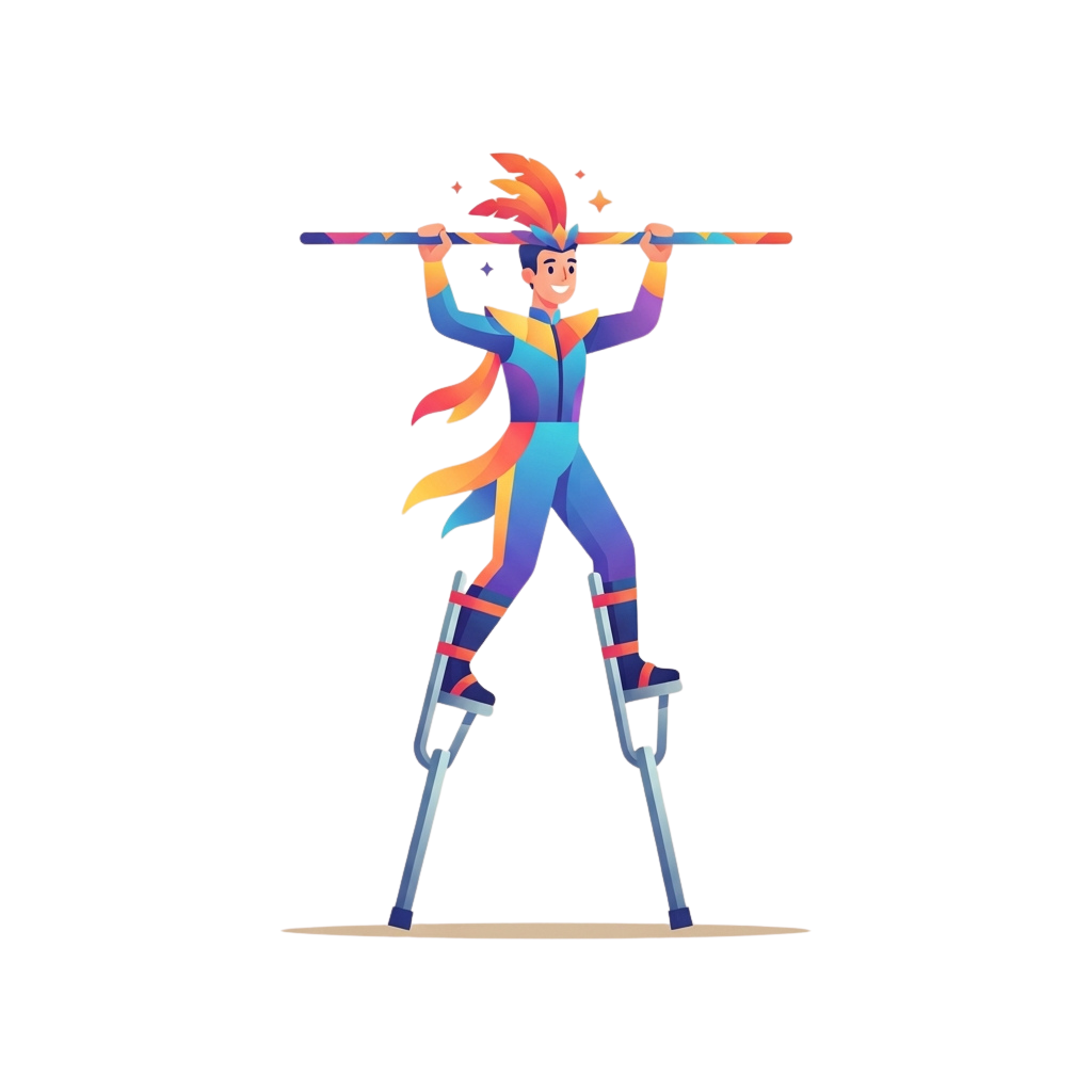Animated character lifting a barbell overhead while using crutches, smiling and wearing athletic gear with gradient colors