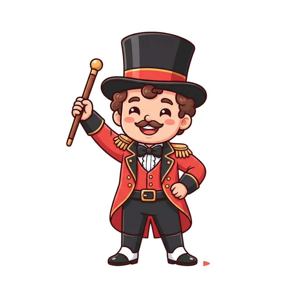 Animated character wearing a top hat, red tailcoat, bow tie, and holding a cane, smiling cheerfully