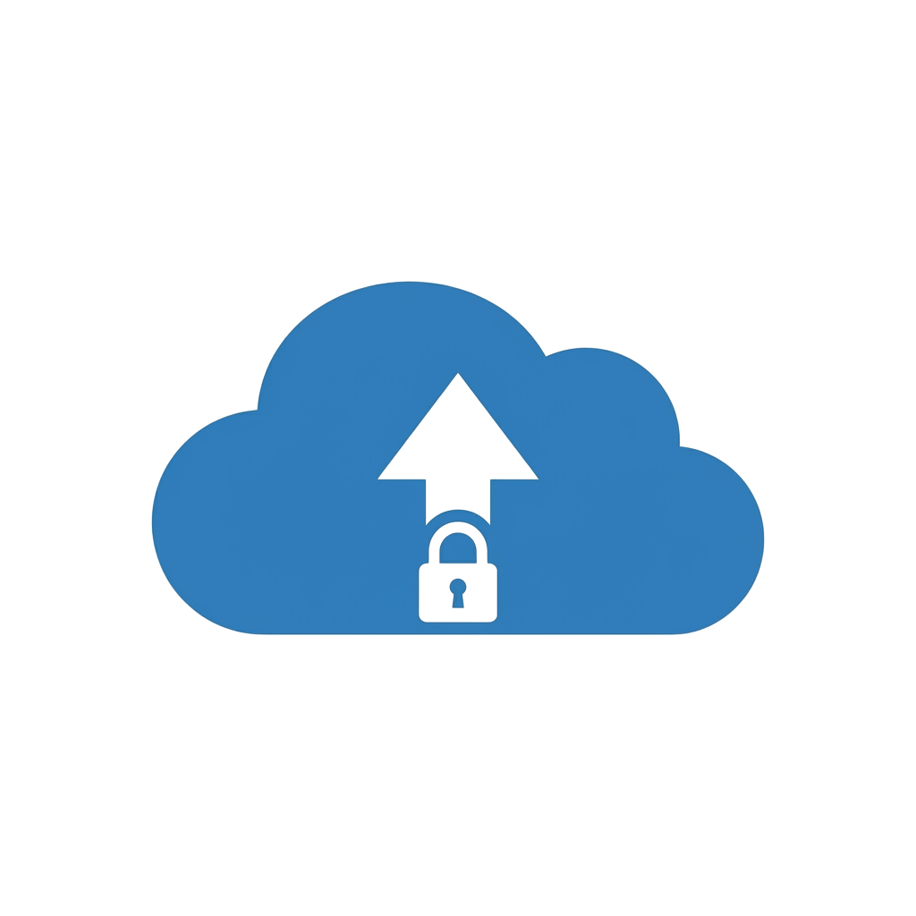 A blue cloud icon with an upward arrow and a lock symbol indicating secure file uploads.