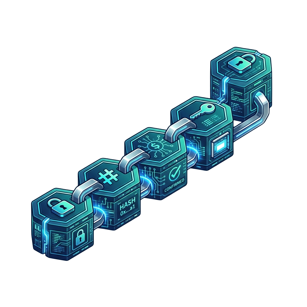 Illustration of a blockchain represented by connected digital blocks with lock and hash symbols.