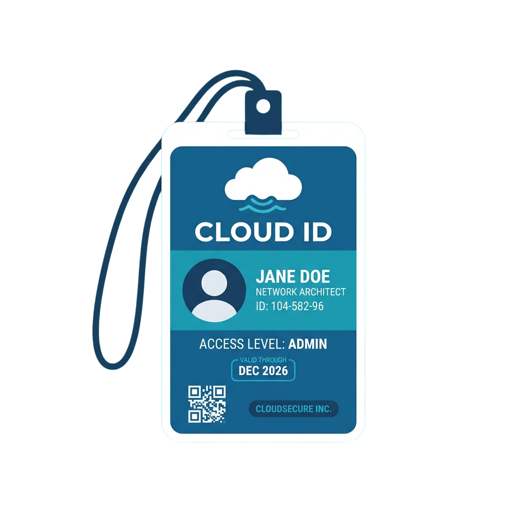A lanyard badge labeled Cloud ID showing a network architect with admin access, valid through December 2026