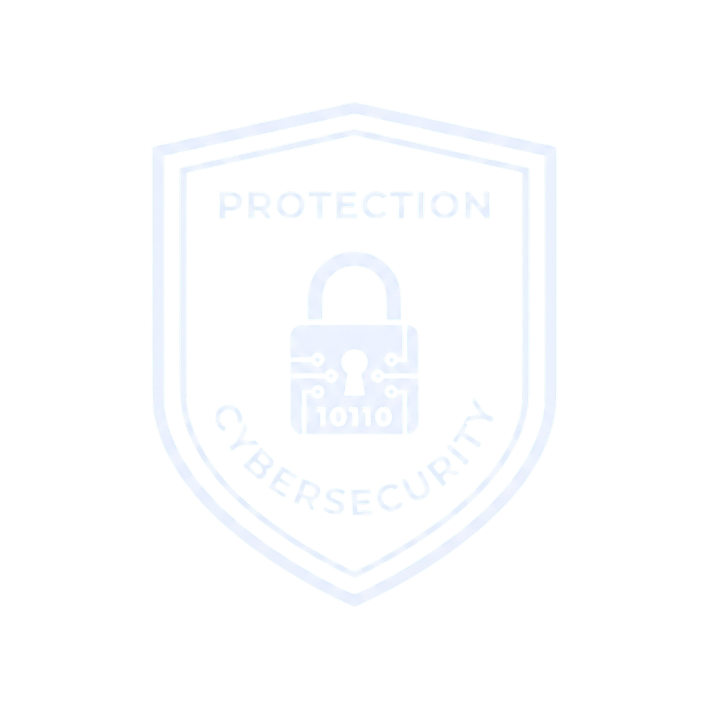 Black and white shield logo depicting cybersecurity protection with a digital padlock and binary code