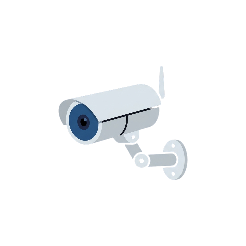 A stylized illustration of a surveillance camera mounted on a wall with an antenna on top