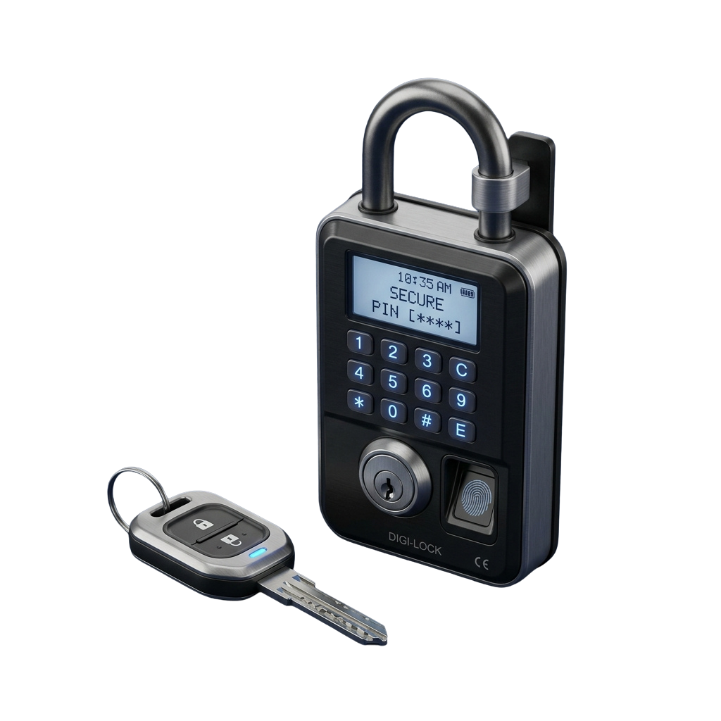 Digital lock showing keypad, fingerprint sensor, key fob, and key
