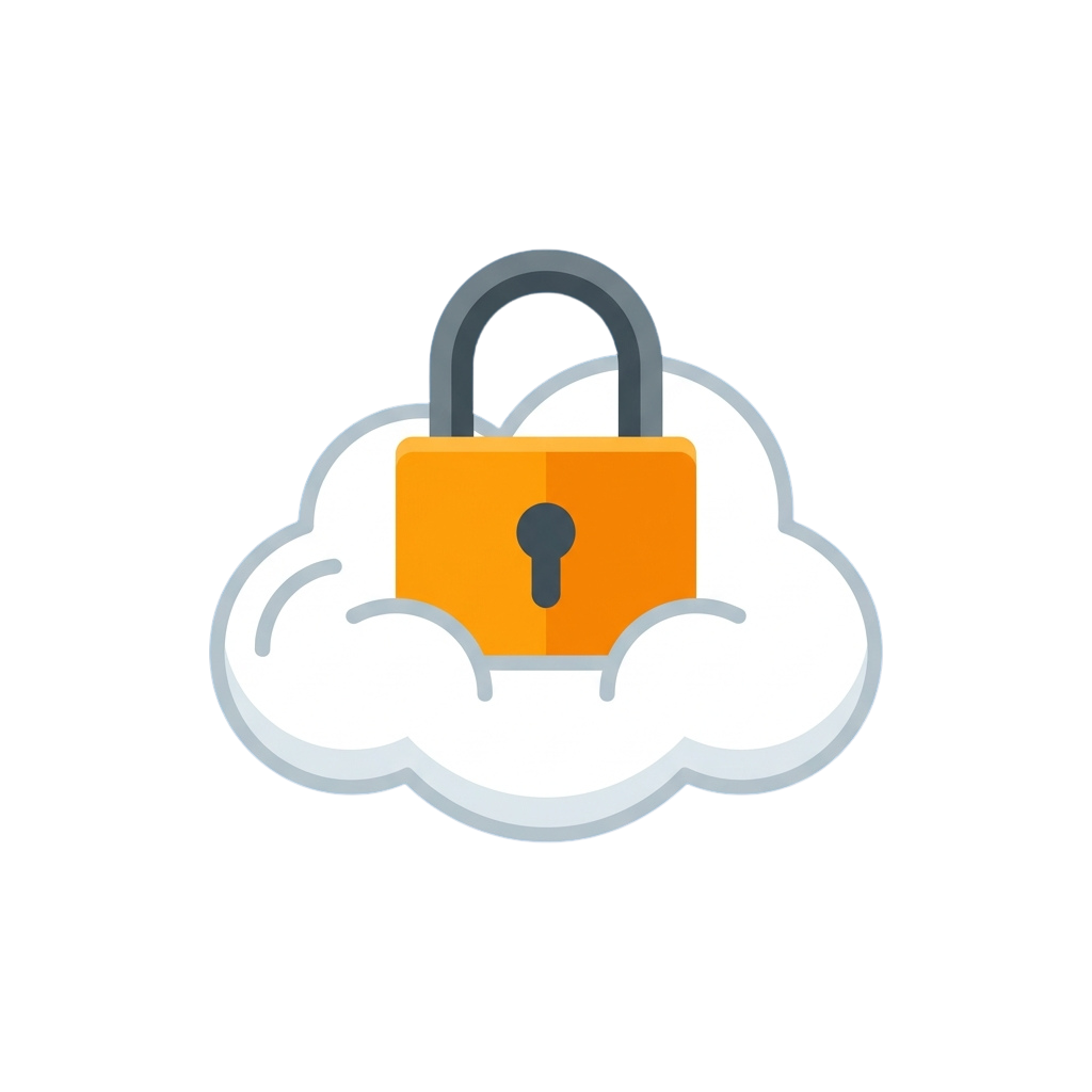 A cloud shape with an orange padlock symbolizing secure cloud storage