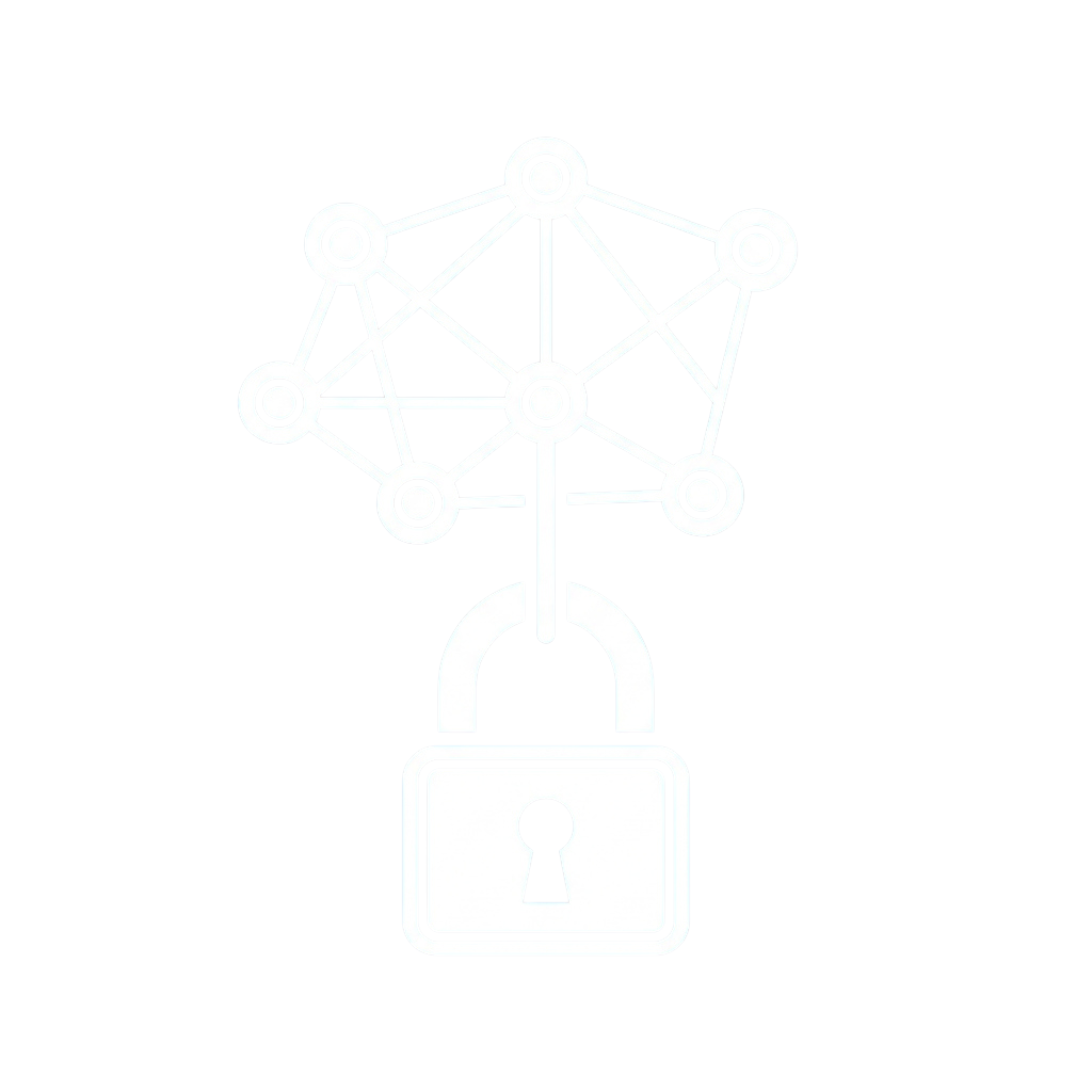 A stylized network of connected nodes secured with a lock symbol.