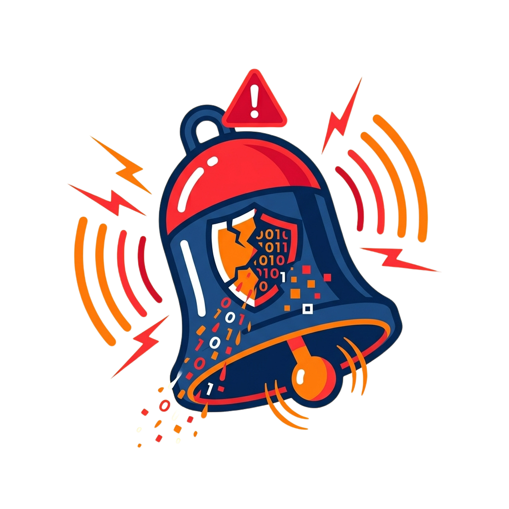 A stylized bell emitting sound waves, displaying binary code and a warning triangle on top