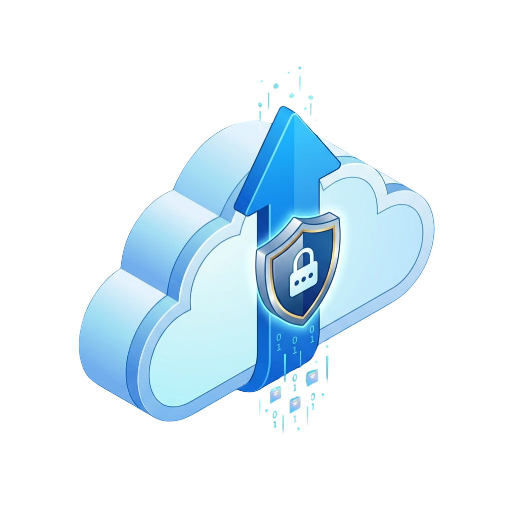 A 3D cloud icon with an upward arrow and a shield containing a lock symbol, representing secure data uploads and protection in cloud storage