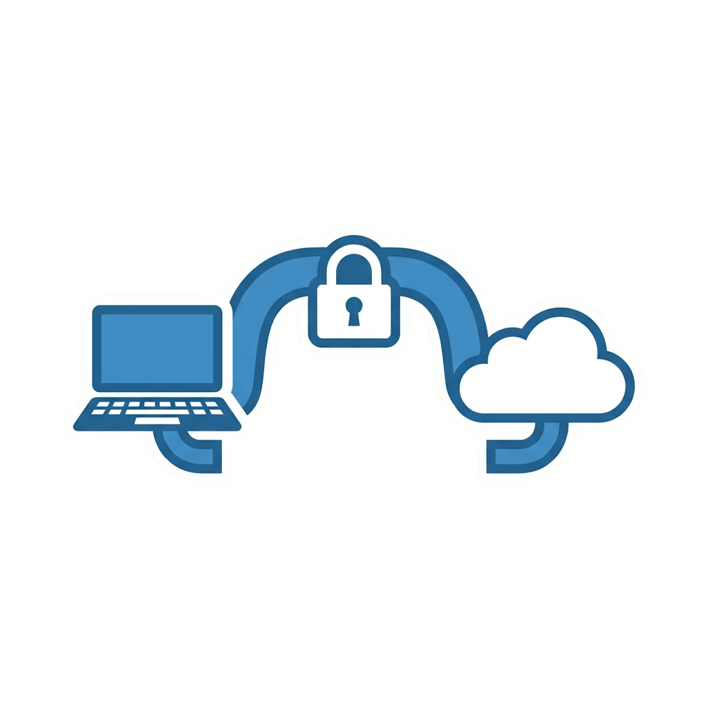 A laptop connected to a cloud via a secure lock symbolized data transfer