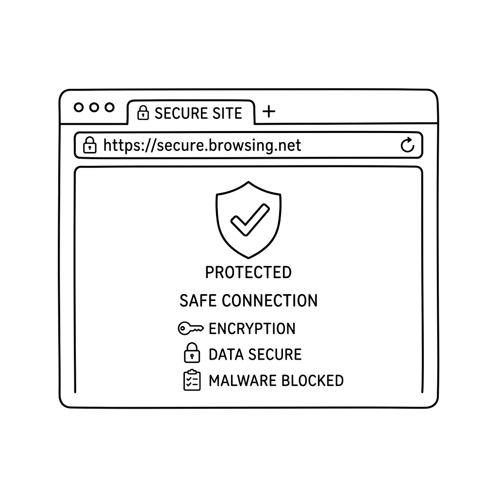A browser window displaying secure connection indicators with shield icon and text labels