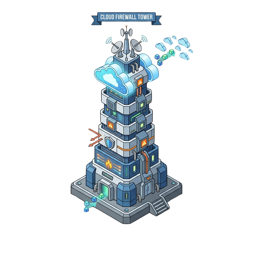Isometric illustration of a cloud firewall tower with security icons and antennas on top