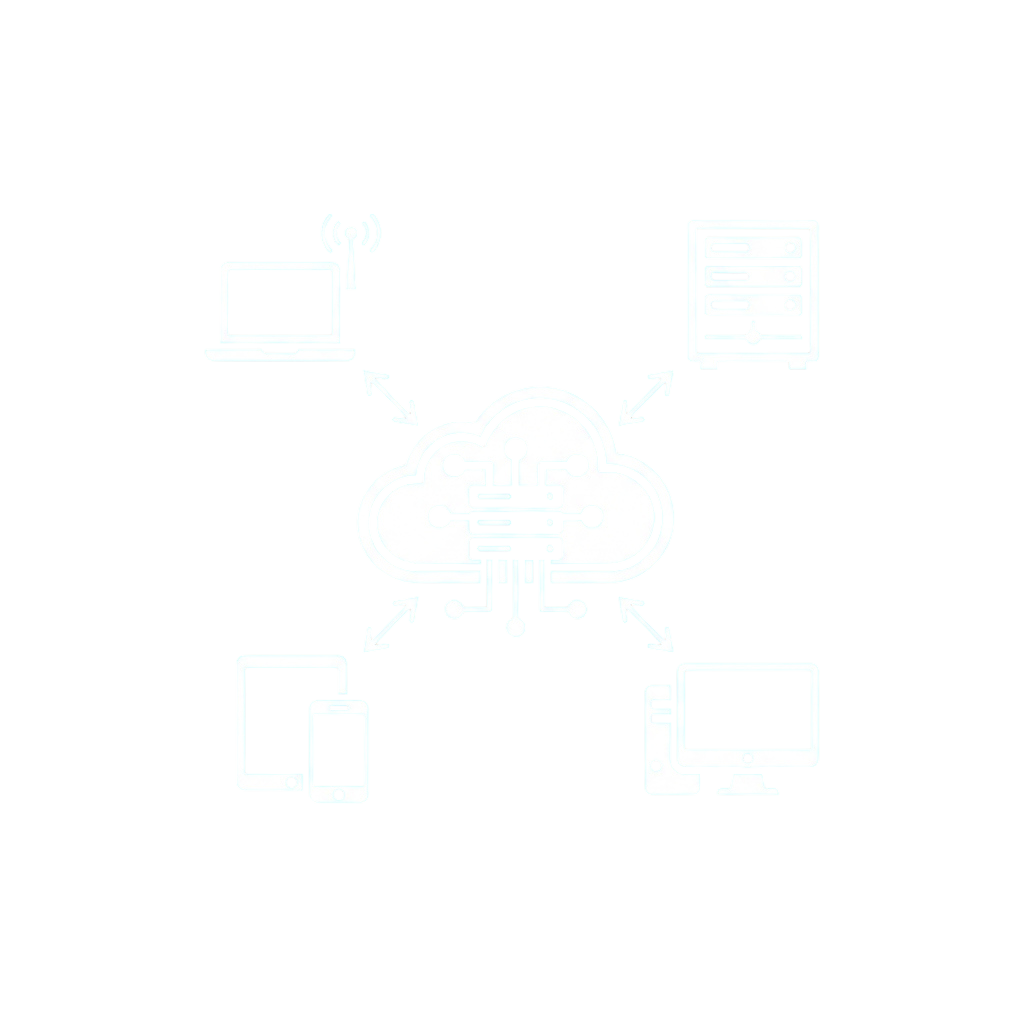 Illustration showing various devices like laptops, phones, and servers connected to a central cloud server.