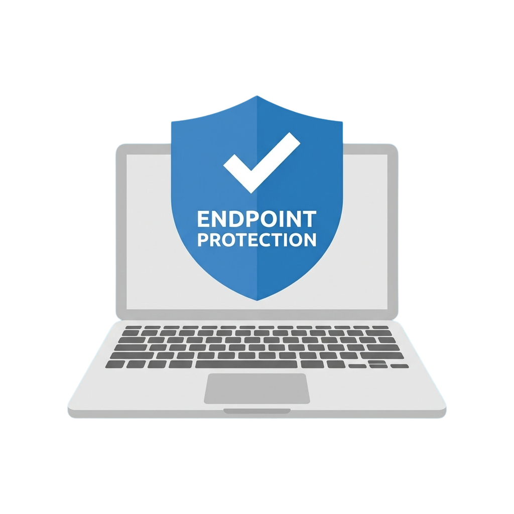 A laptop with a blue shield displaying Endpoint Protection and a checkmark symbol